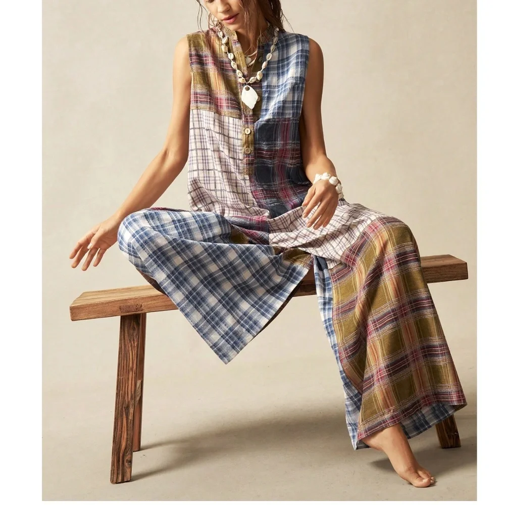 Plus Plaid Print Half Button Sleeveless Wide leg Jumper Jumpsuit - Picture 6 of 6